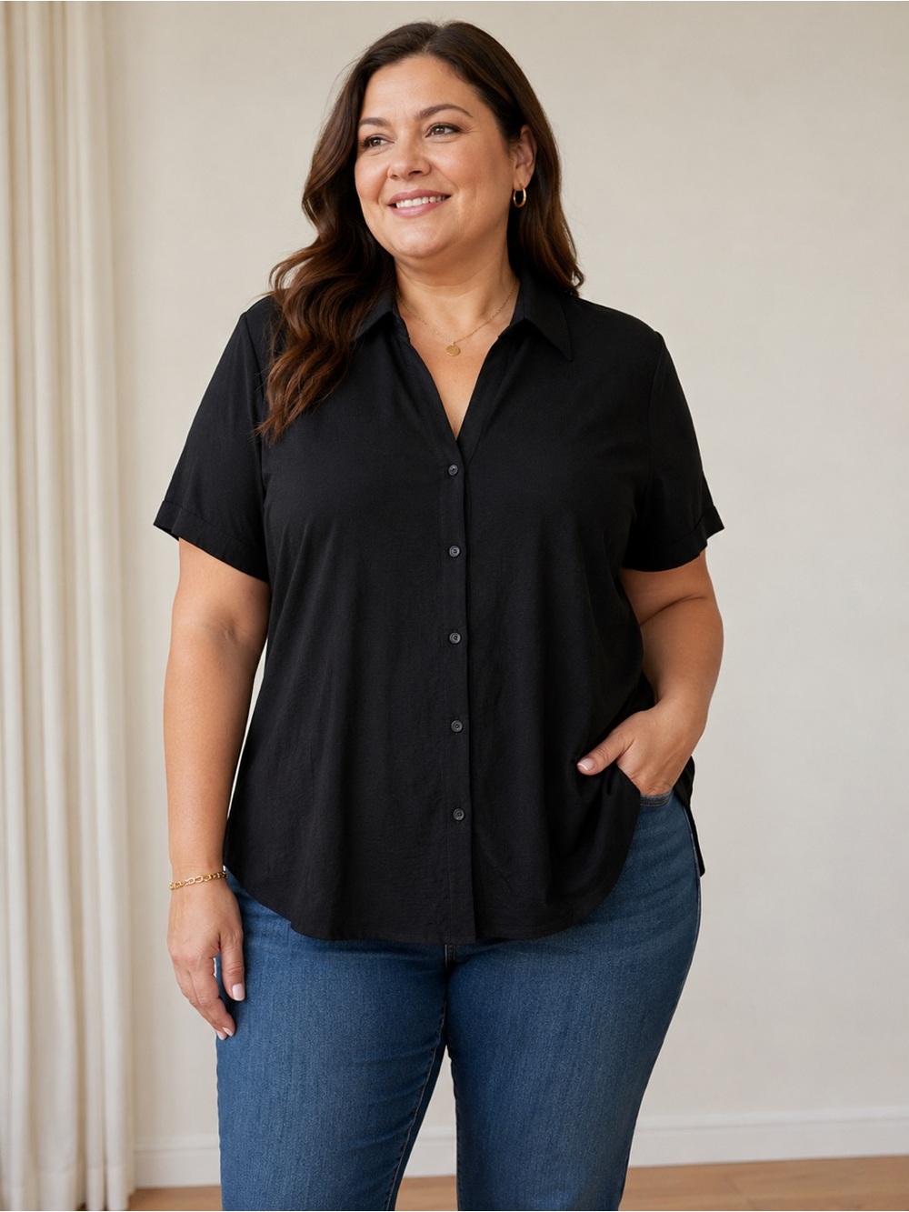 NWT Nine Britton Women’s Black Button Front Blouse Top Short Sleeve XL NWT